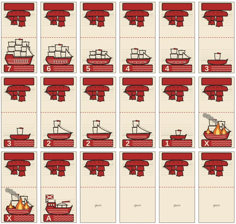 A sheet of Square-Rigger tokens: each ship with her rating on one half and the same plain hull on the other