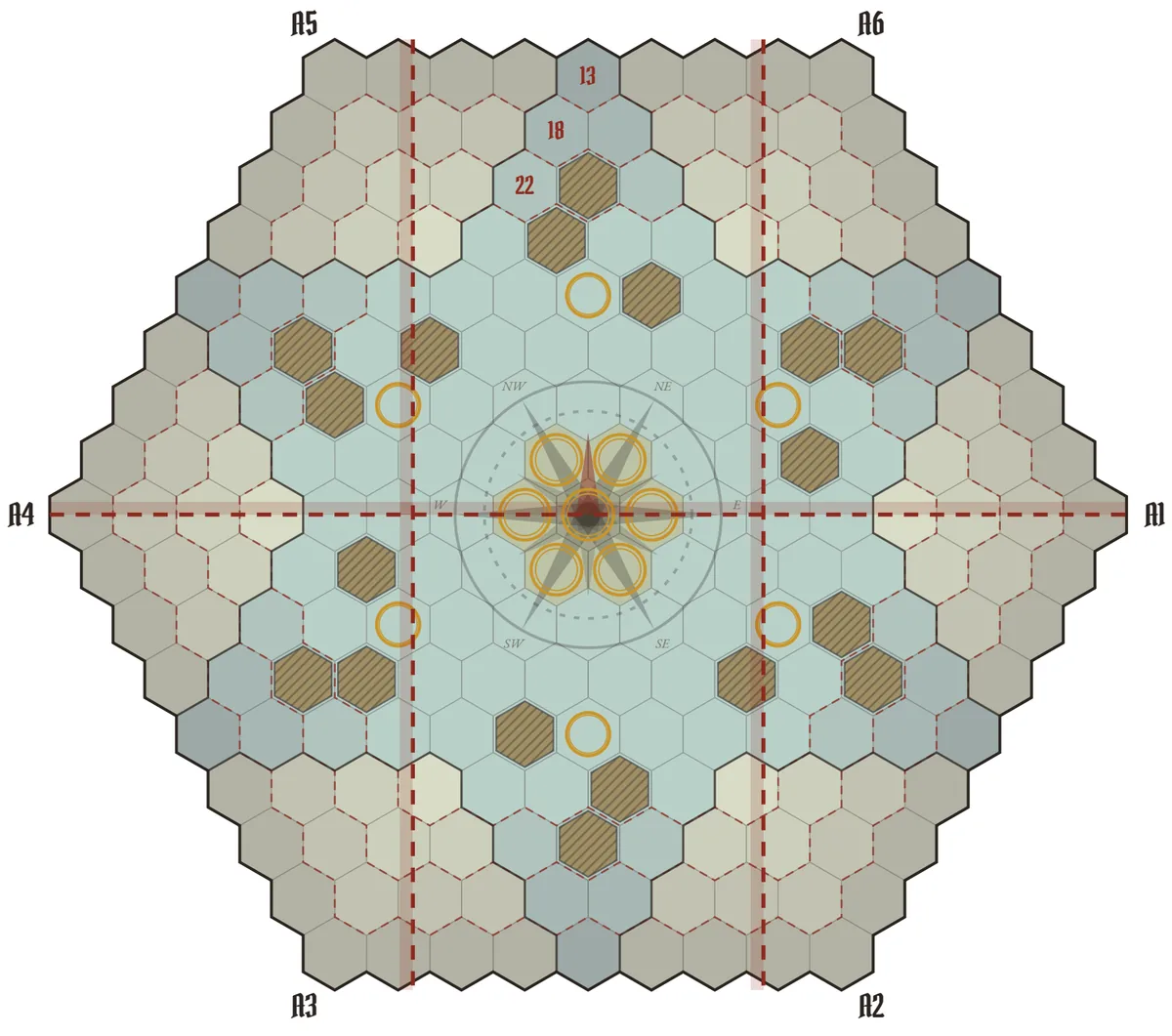 The hex chart: six anchorages at the corners of a large hexagon, harbors between them and a seven-hex Capital at the center