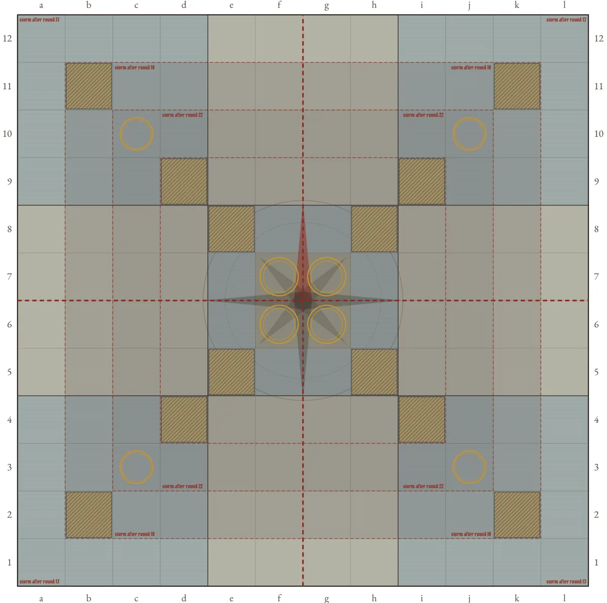 The square chart, 12 by 12: four tinted anchorages in the middle of each edge, harbor rings on the corner diagonals, hatched islands, and a 2 by 2 Capital at the center