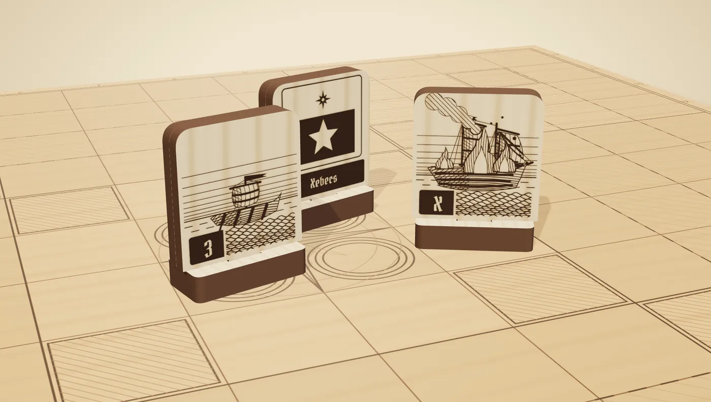 Three engraved wooden ships on the board. Two show their captain an engraved rating; the one between them shows the back every rival sees, a flag and the fleet's name