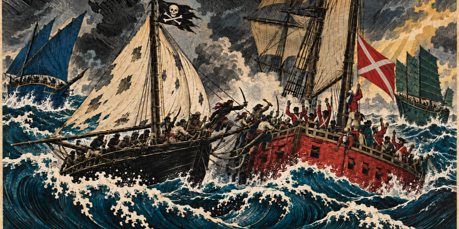A black pirate sloop with patched sails boards a scarlet navy brig whose colors are coming down, as a blue lateen ship and a green junk race in too late