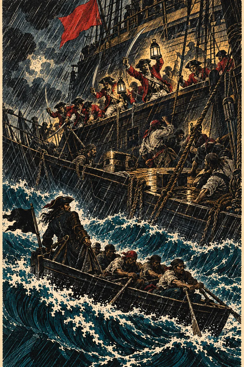 Night and rain: navy boarders with lanterns storm a black ship while the pirate captain escapes in a longboat under a black flag