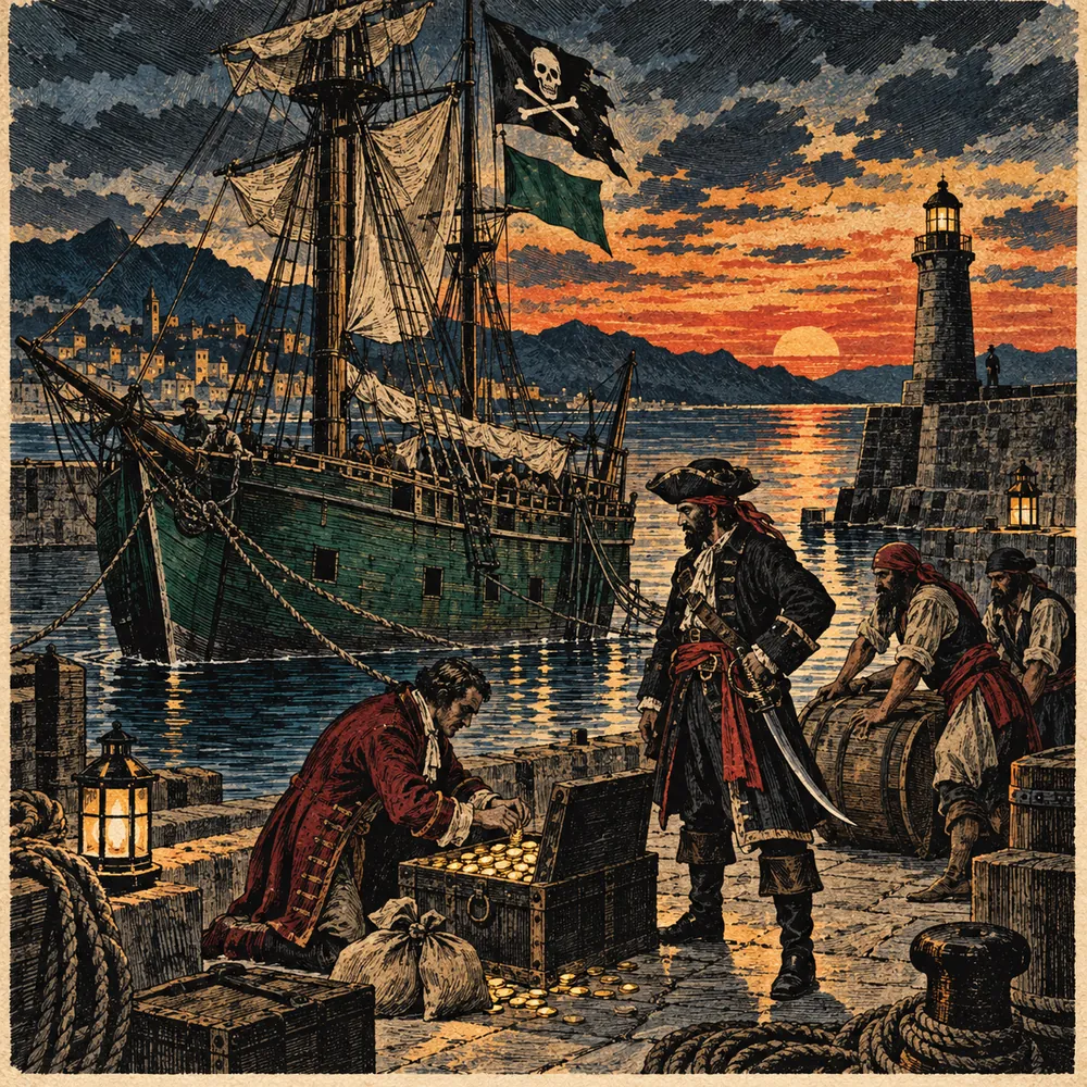 A captured green ship under a black flag at a lantern-lit quay at dusk, a merchant counting gold into a chest while the pirate captain watches