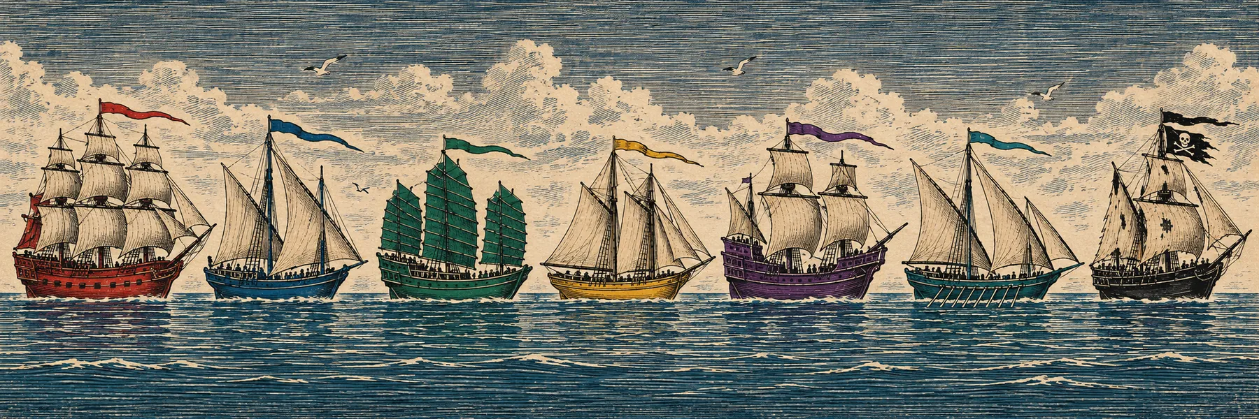 Seven ships in line ahead: a scarlet square-rigger, a blue lateen, a green junk, a saffron gaff schooner, a purple carrack, a teal xebec and a black pirate ship