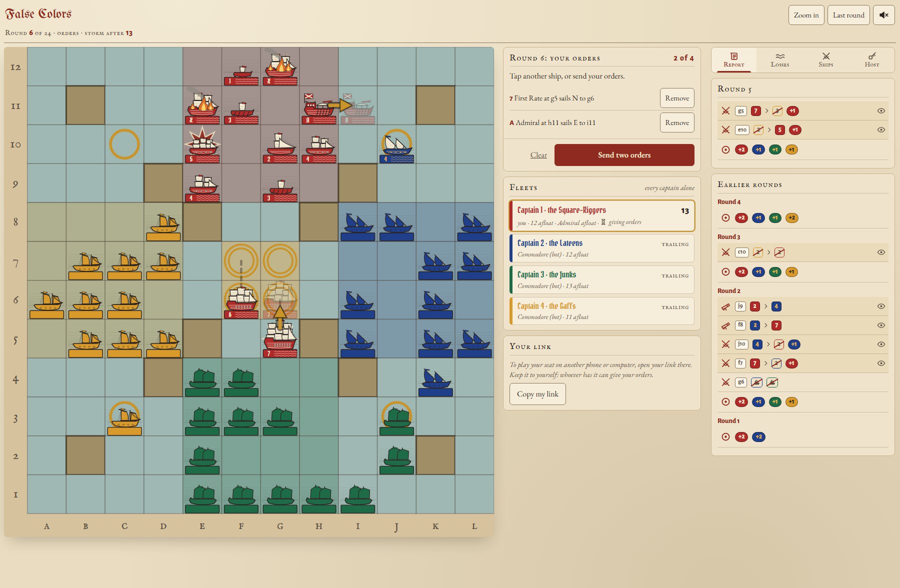 The game in a browser: the chart, the fleets and the round log