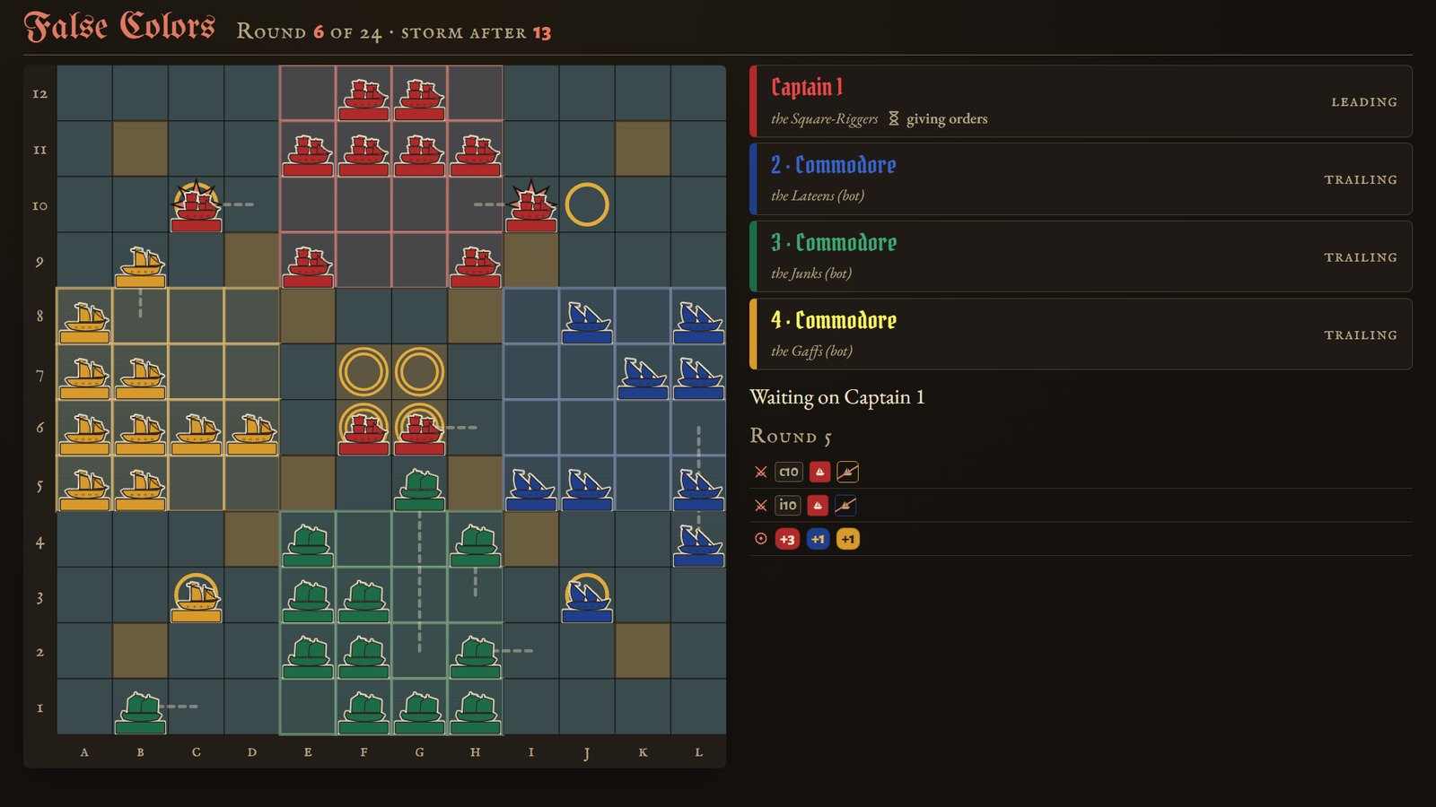 The party screen on a television: the chart with every ship as a plain hull, the four fleets with their standing, and the last round's fights