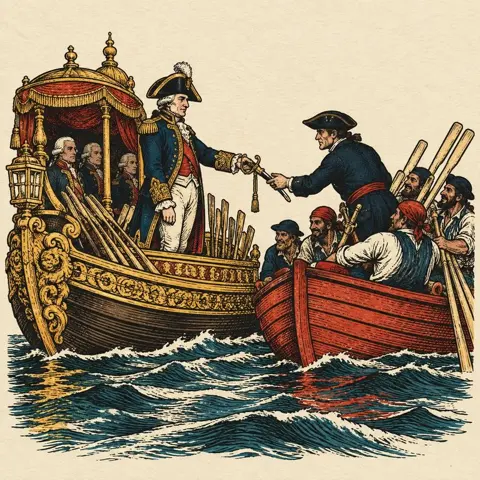 An admiral in a gilded barge hands over his sword to a boarding crew