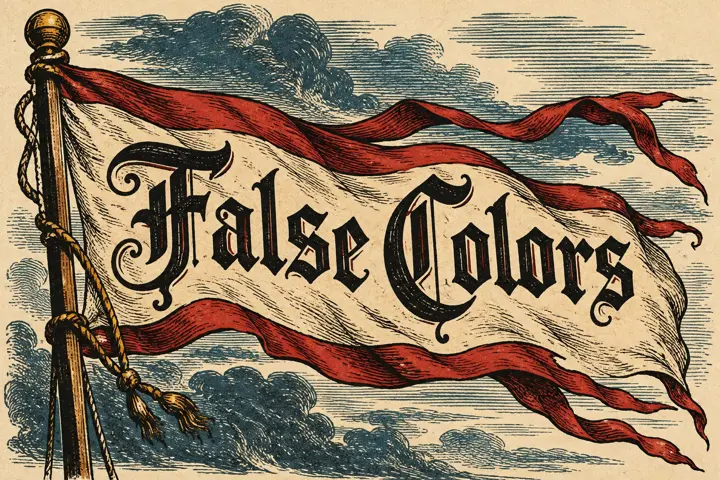 The False Colors flag flying against a stormy engraved sky