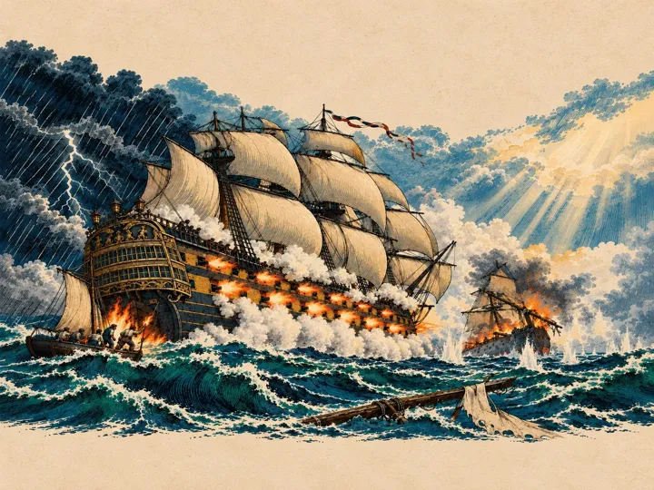 A three-decked warship firing a broadside in a storm, with a burning ship beyond