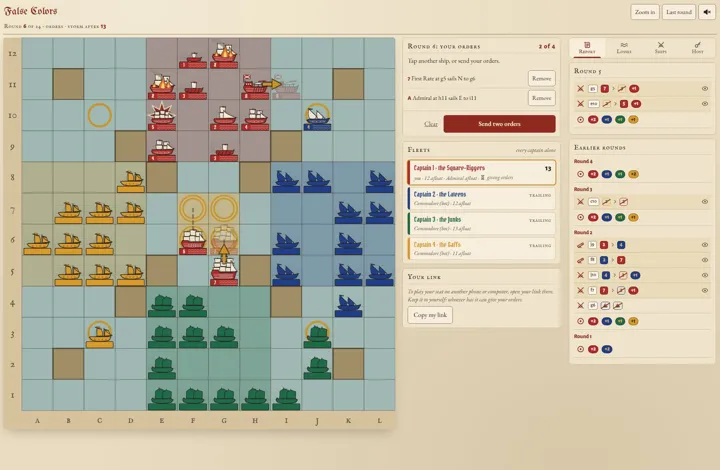 Screenshot: a four-captain game in the browser, with the chart, the fleets and the round report