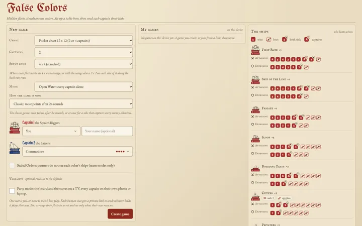 Screenshot: setting up a game, choosing the chart, the ending, the rival captains and party mode