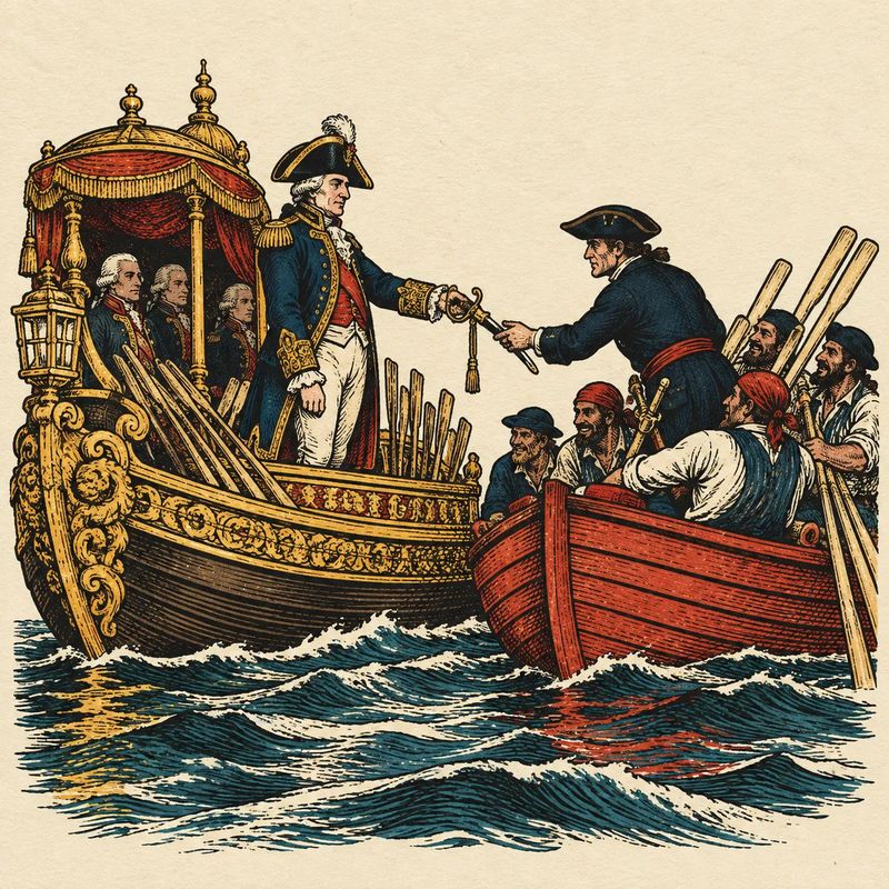 An admiral in a gilded barge hands over his sword to a boarding crew