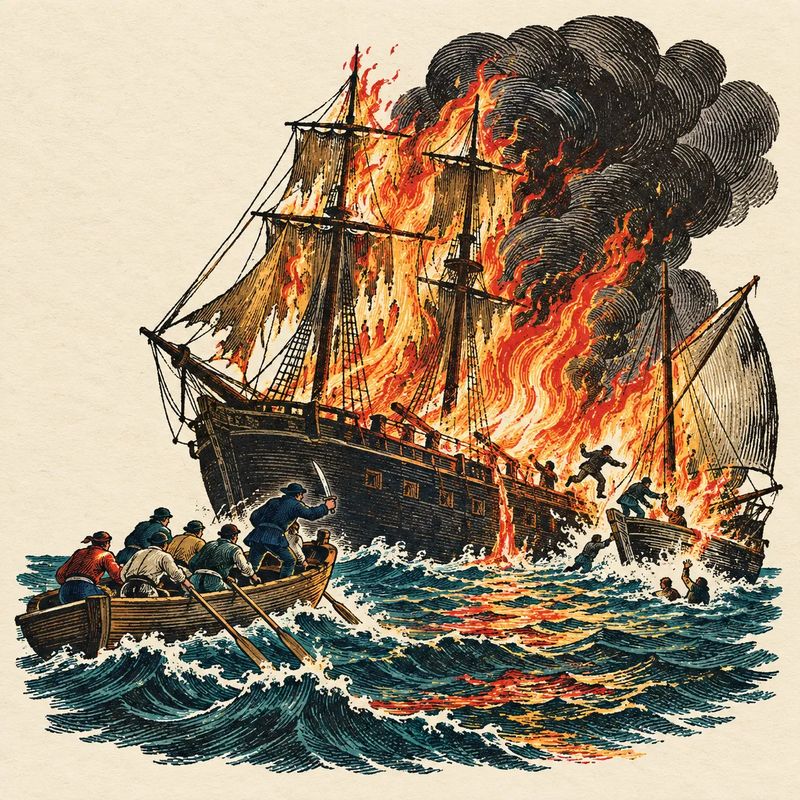 A burning hulk with crews rowing clear