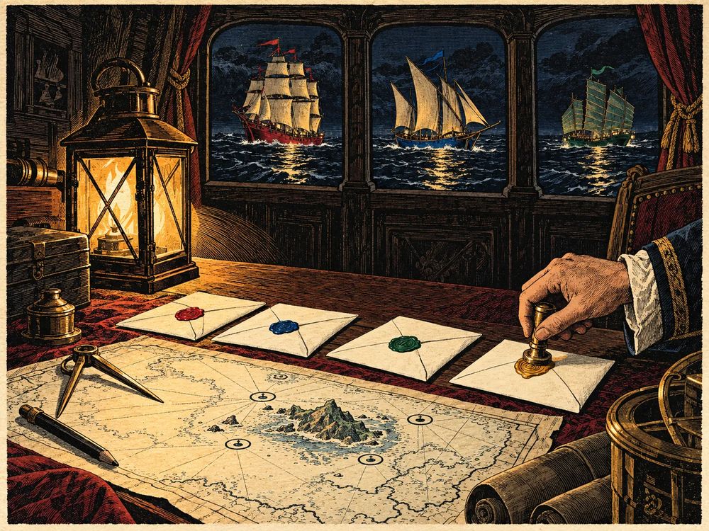 Sealed letters and a chart on a captain's table, lit by a lantern
