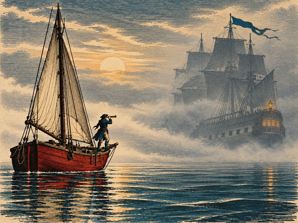 A cutter's lookout studies a warship through the fog