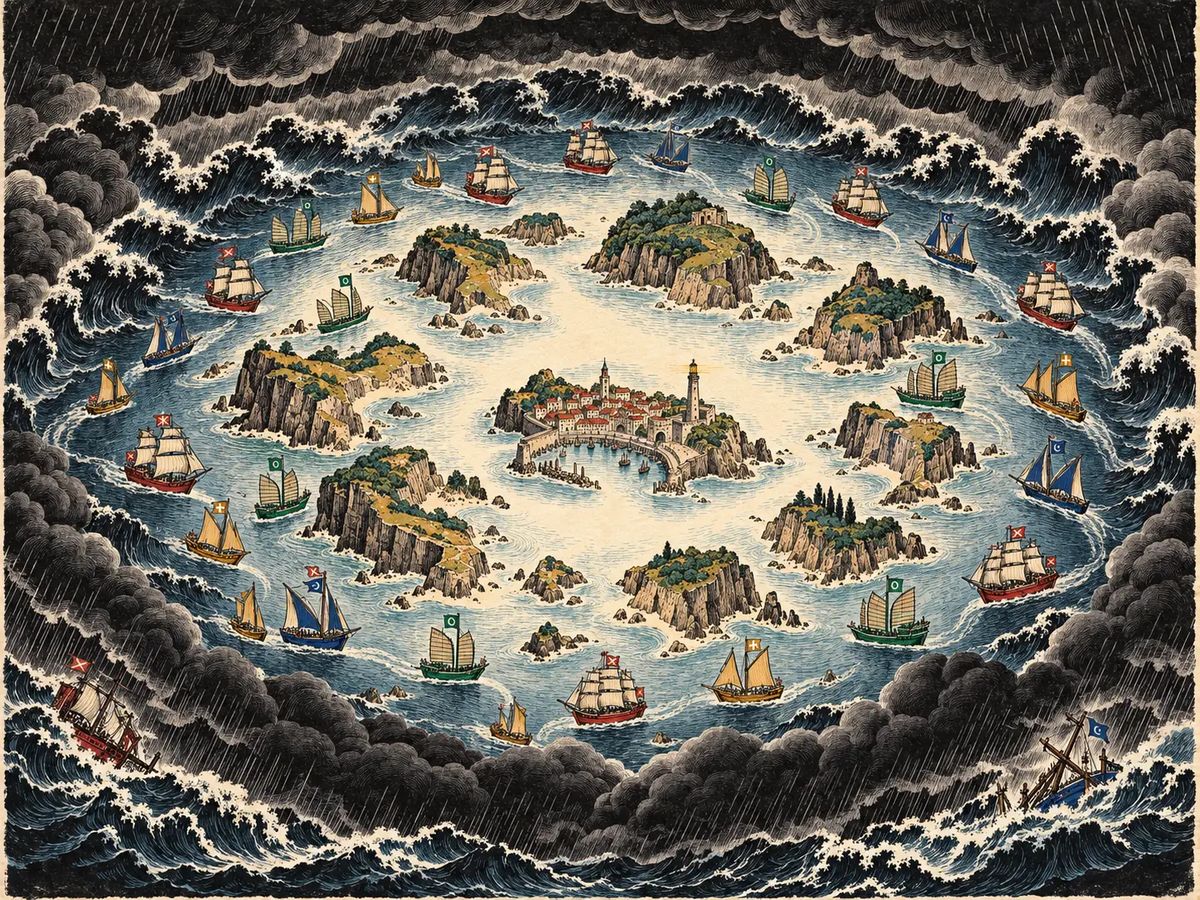 Fleets crossing an archipelago with a storm ring closing around it