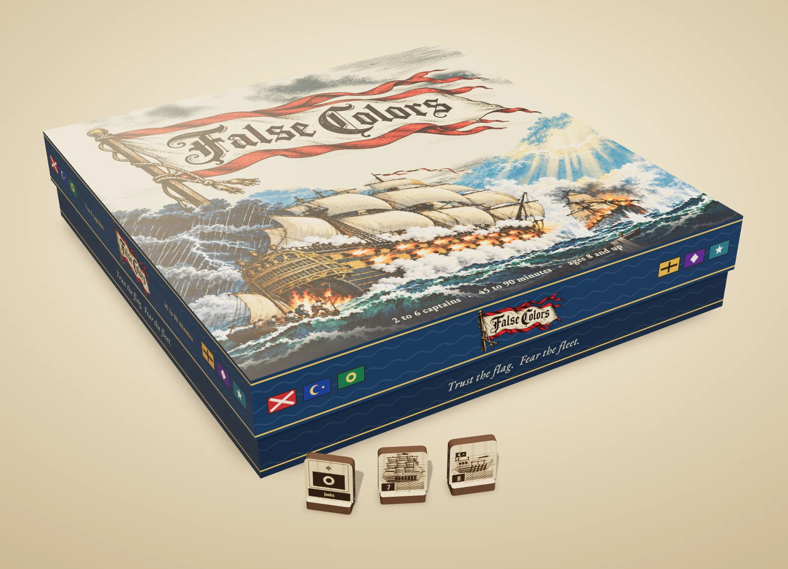 The illustrated box with three engraved wooden ships beside it